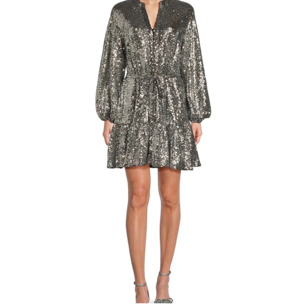 NWT Alex Marie Shimmering Silver Sequin V-Neck Long Sleeve Tie Waist Mini Dress - Picture 6 of 8